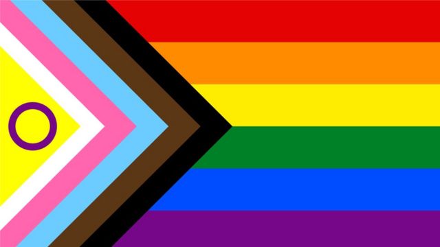 Intersex progress flag, featuring the yellow and purple intersex flag, pink, blue and white trans flag, brown and black people of colour flag all in a triangle, and the six colour rainbow pride flag featuring red, orange, yellow, green, blue and purple horizontal stripes.