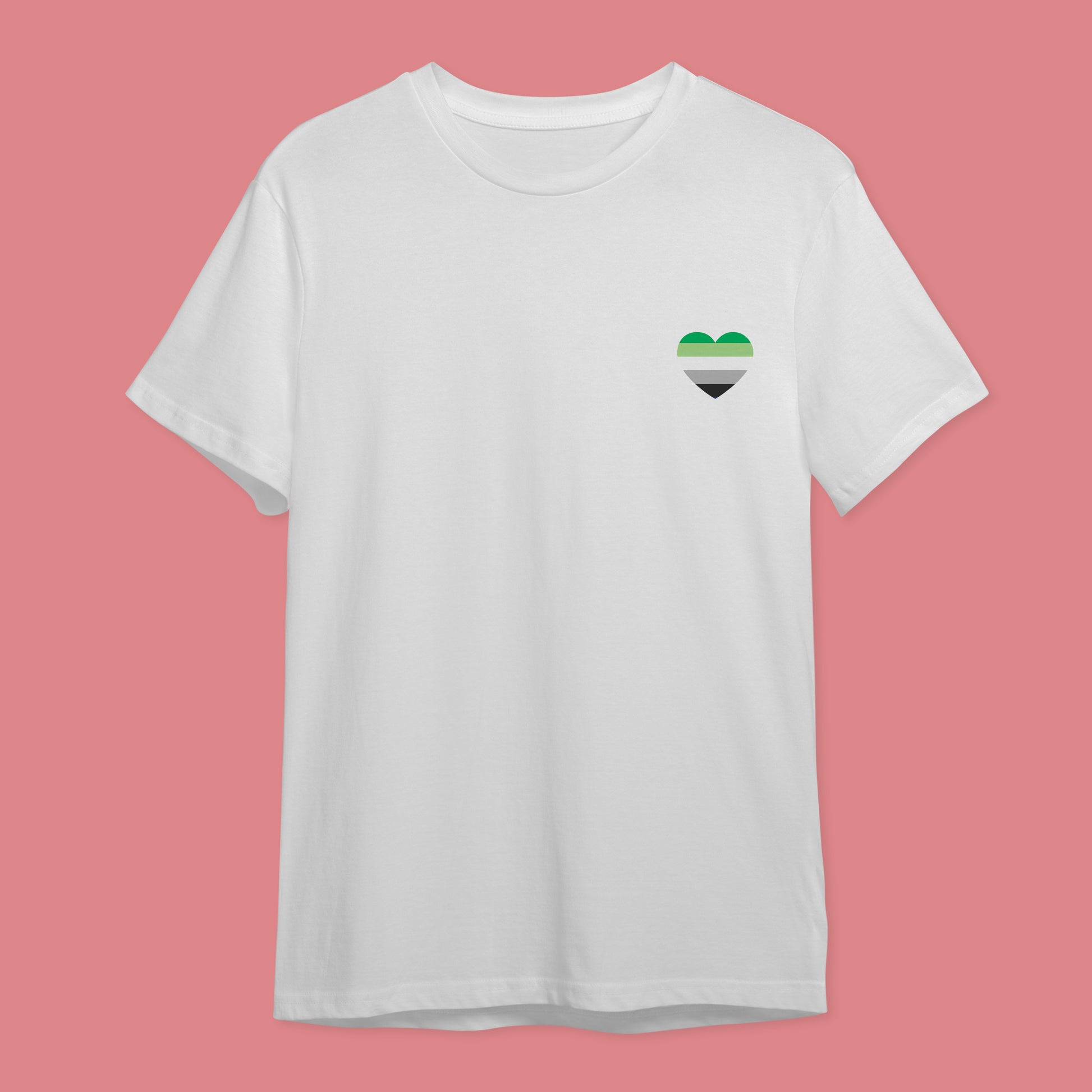 White t-shirt with the five colour aromantic pride flag in a heart on the right hand side of the chest.