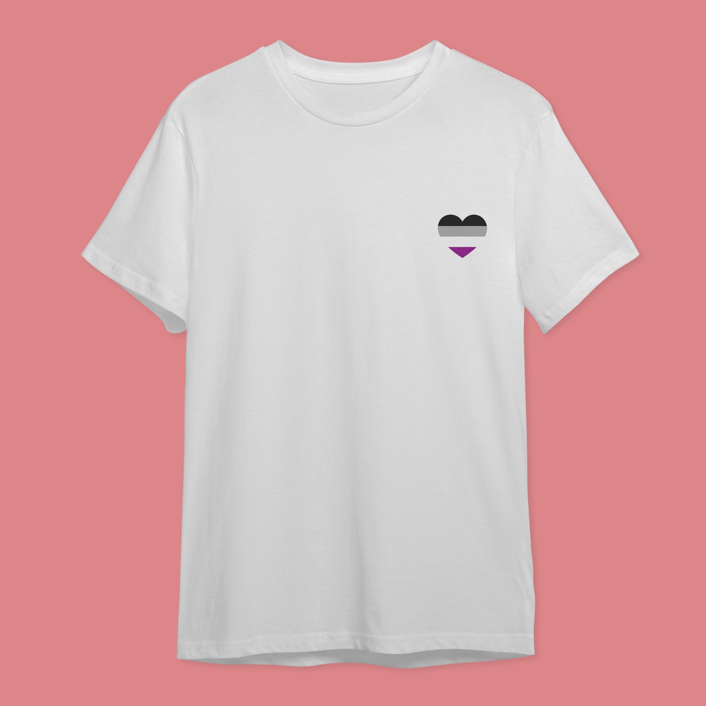 White t-shirt with the four colour asexual pride flag in a heart on the right hand side of the chest.