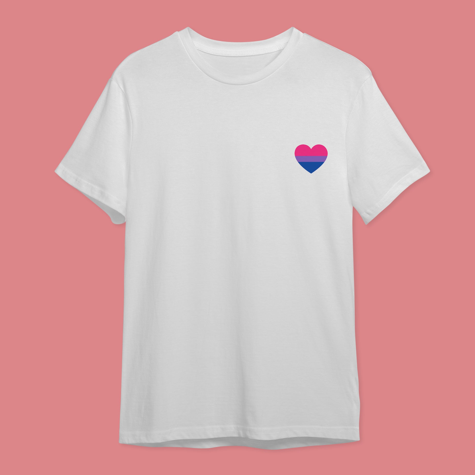 White t-shirt with the three colour bisexual pride flag in a heart on the right hand side of the chest.