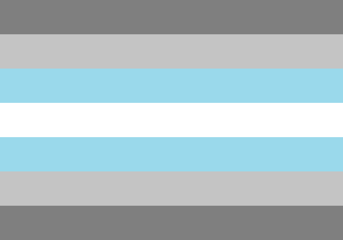 Demiboy pride flag, featuring dark grey, light grey, baby blue and white horizontal stripes.