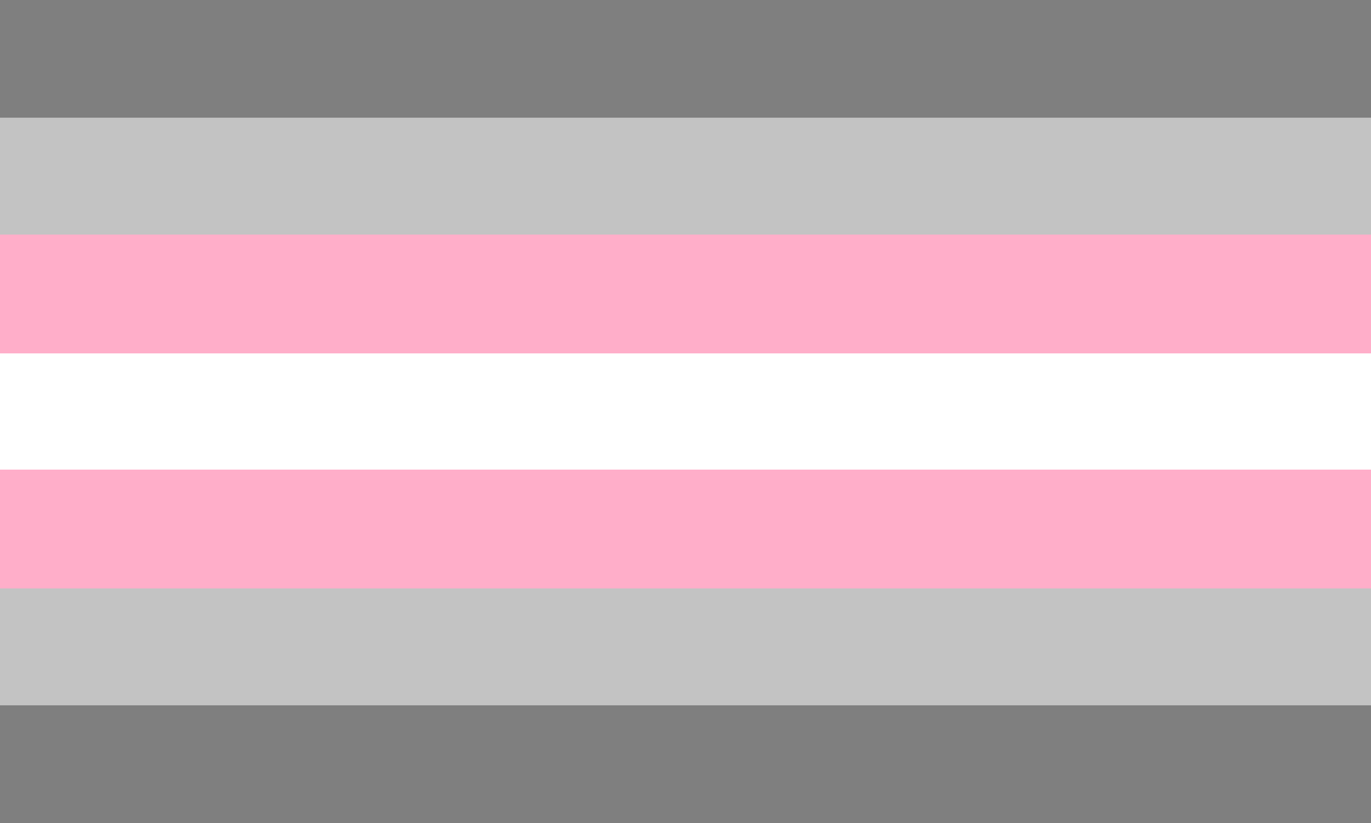 Demigirl pride flag, featuring dark grey, light grey, baby pink and white horizontal stripes.