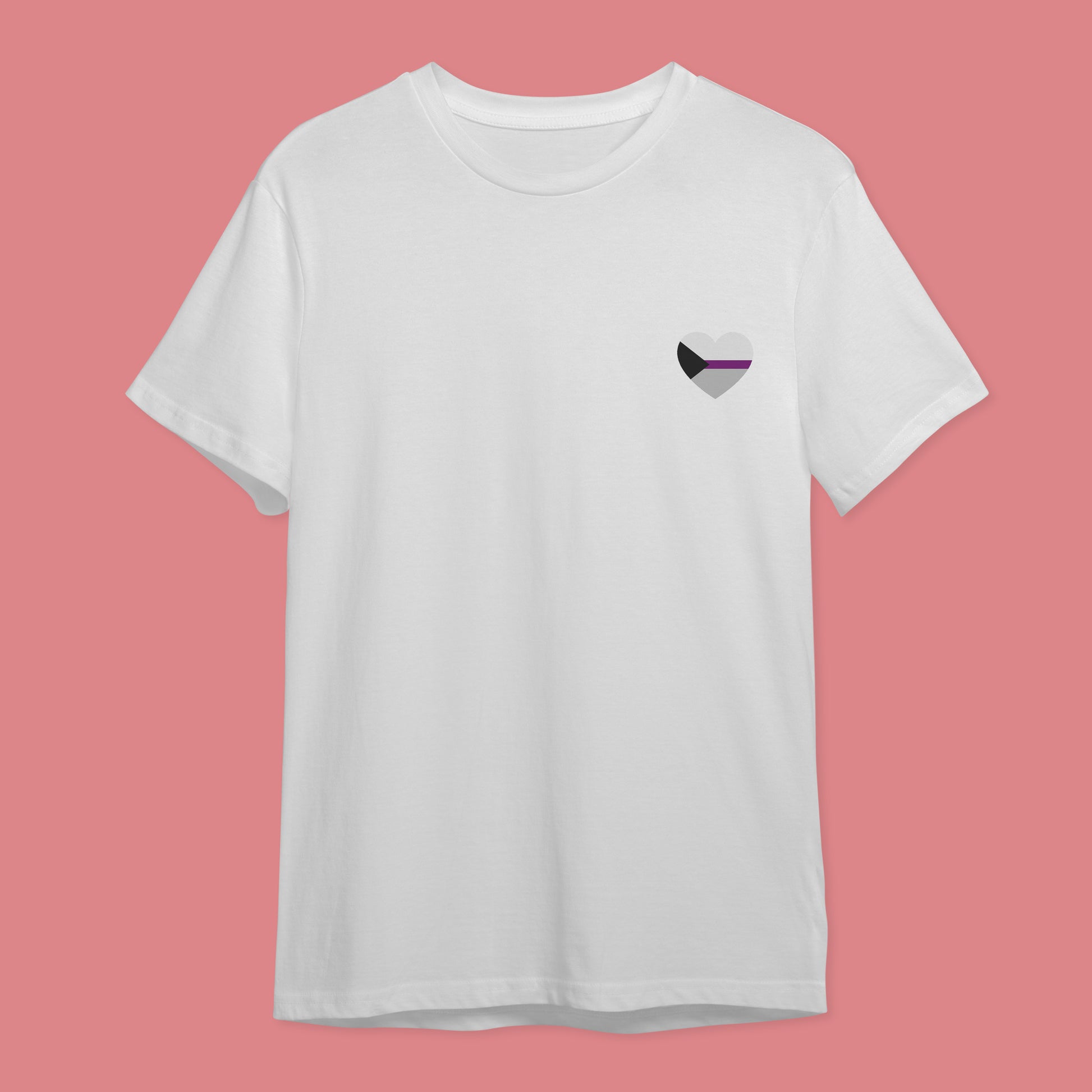 White t-shirt with the four colour demisexual pride flag in a heart on the right hand side of the chest.