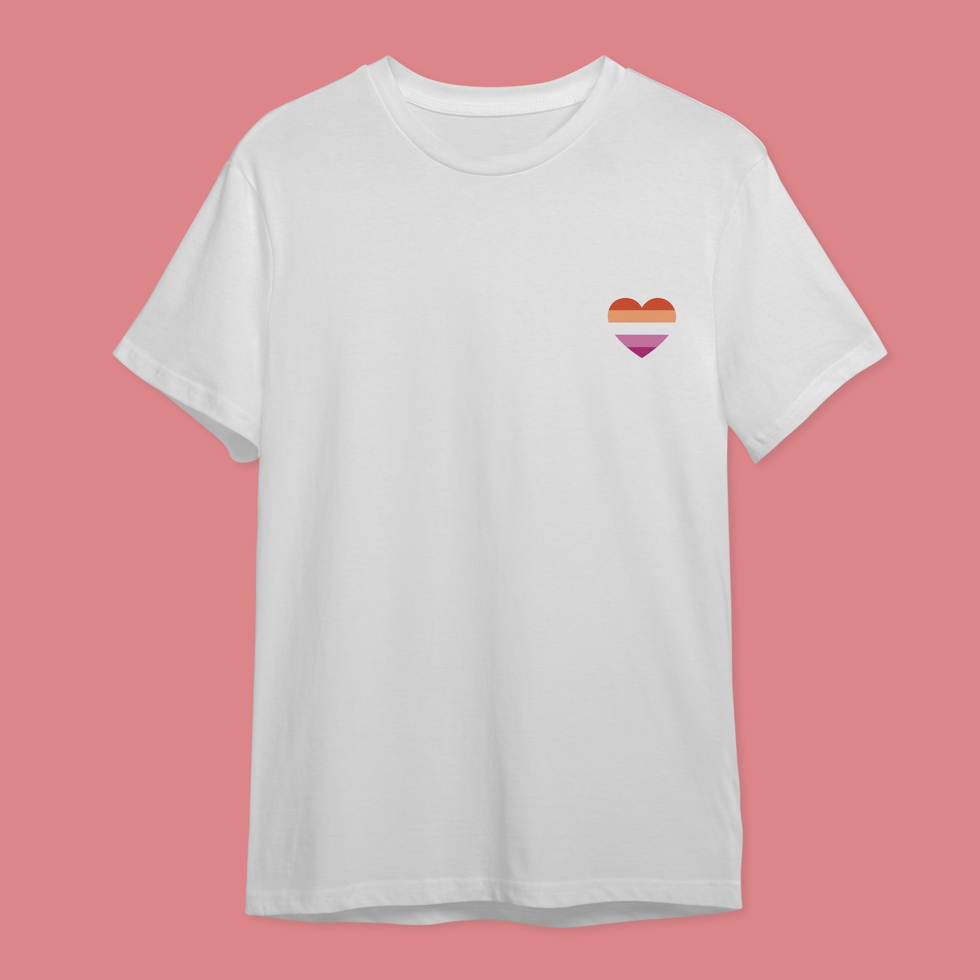 White t-shirt with the five colour sunset lesbian pride flag in a heart on the right hand side of the chest.