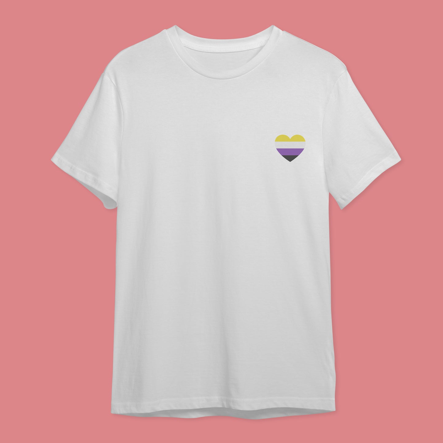 White t-shirt with the four colour non-binary pride flag in a heart on the right hand side of the chest.