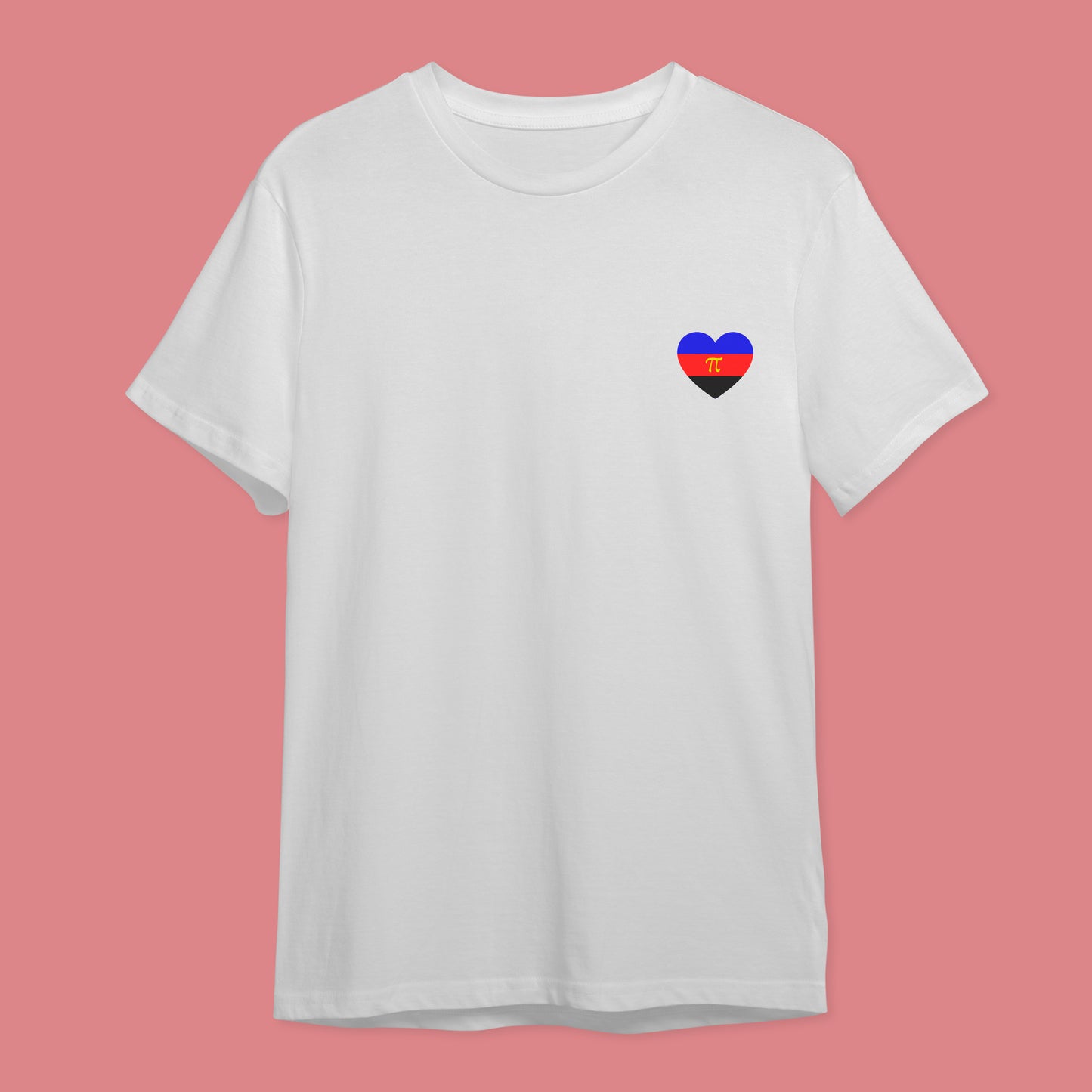White t-shirt with the three colour polyamory pride flag in a heart on the right hand side of the chest.