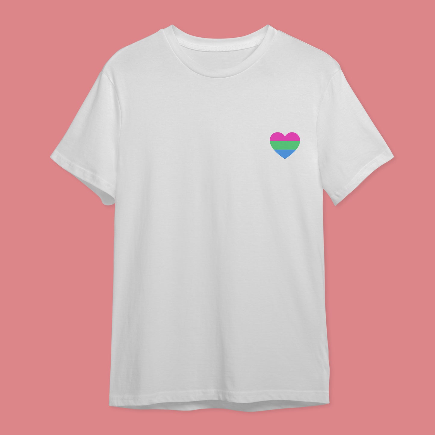 White t-shirt with the three colour polysexual pride flag in a heart on the right hand side of the chest.