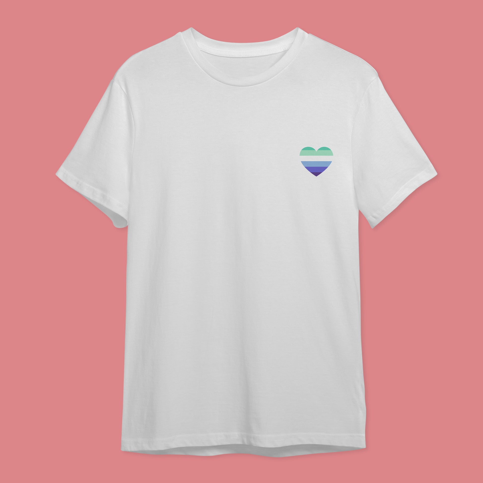 White t-shirt with the seven colour gay male pride flag in a heart on the right hand side of the chest.