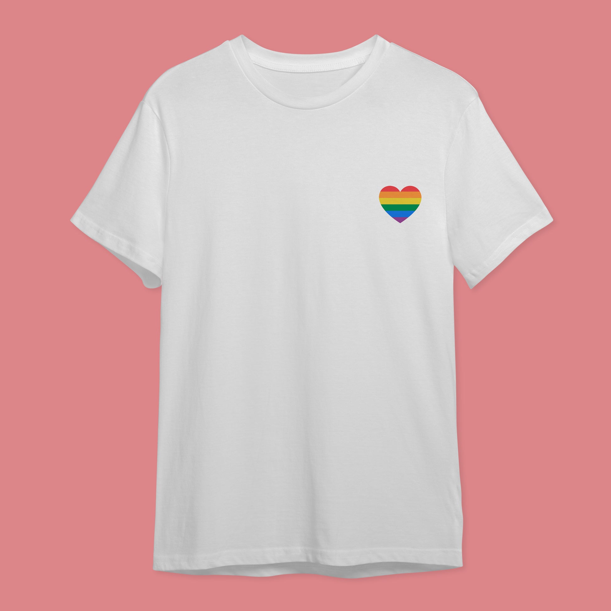 White t-shirt with the six colour pride rainbow heart on the right hand side of the chest.