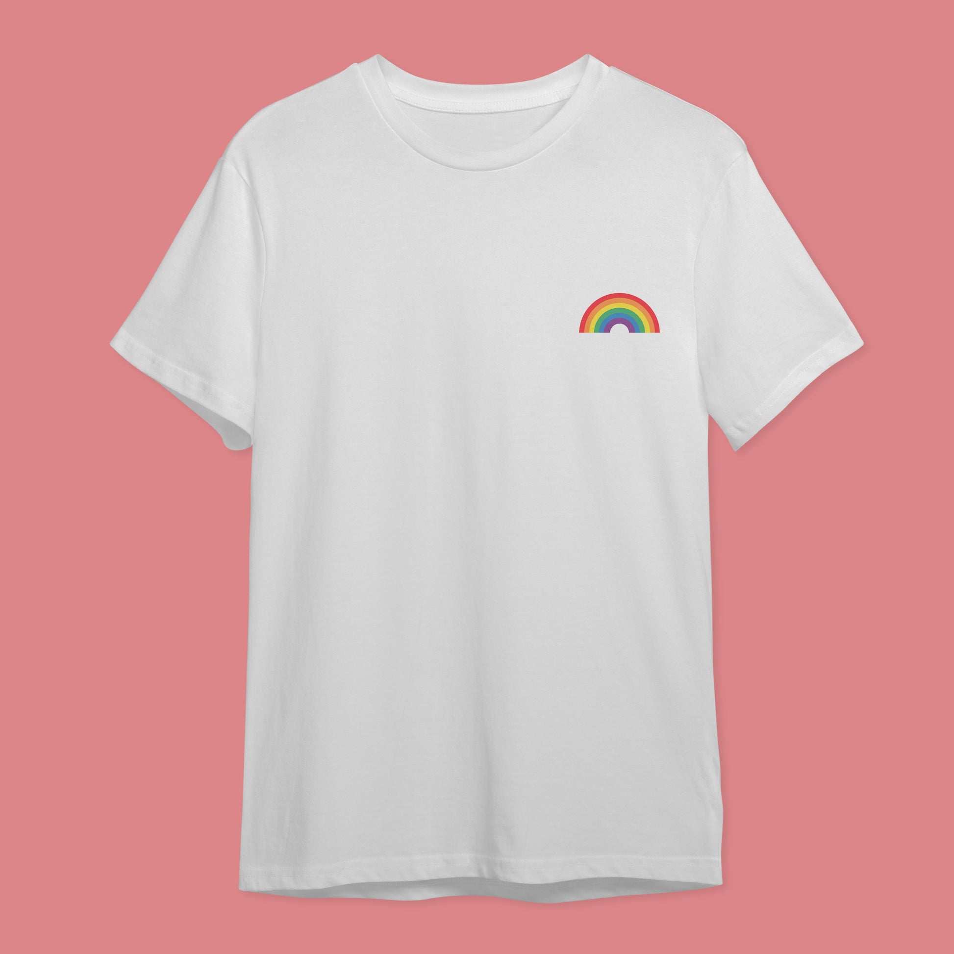 White t-shirt with the six colour pride rainbow on the right hand side of the chest.