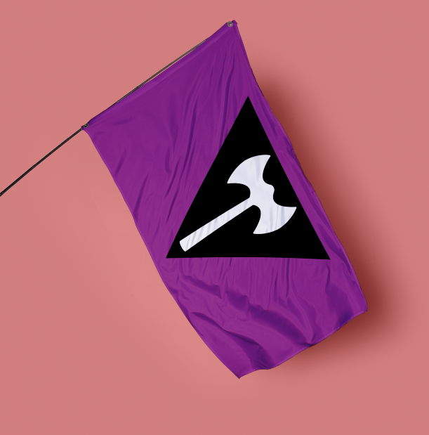 Labrys lesbian flag featuring a solid purple background and an inverted black triangle with a white labrys inside it, on a pink background.