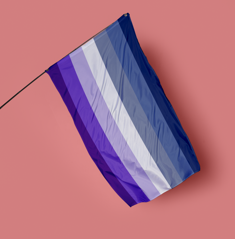 Butch lesbian pride flag, featuring dark blue, light blue, grey, white, light purple, medium purple and dark purple horizontal stripes, on a pink background.