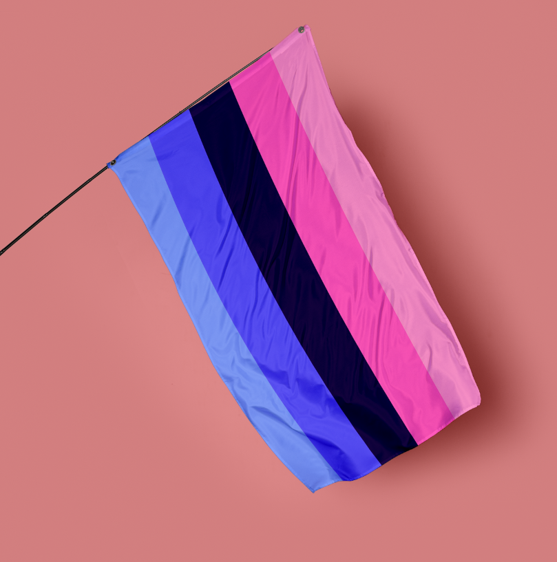 Omnisexual pride flag, featuring shades of pink, blue and black, on a pink background.