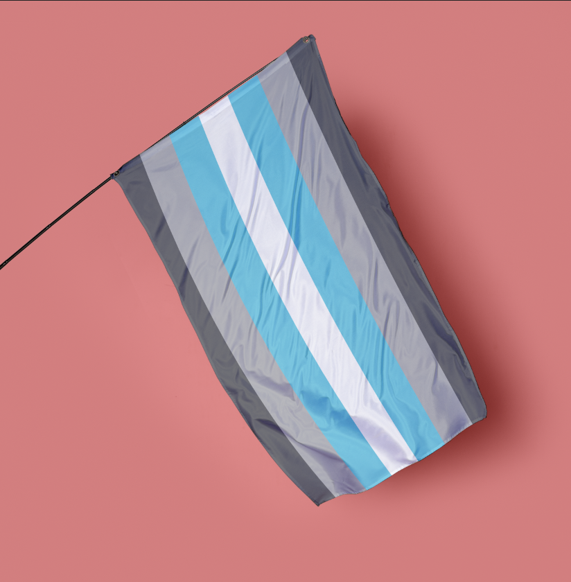 Demiboy pride flag, featuring dark grey, light grey, baby blue and white horizontal stripes, on a pink background.