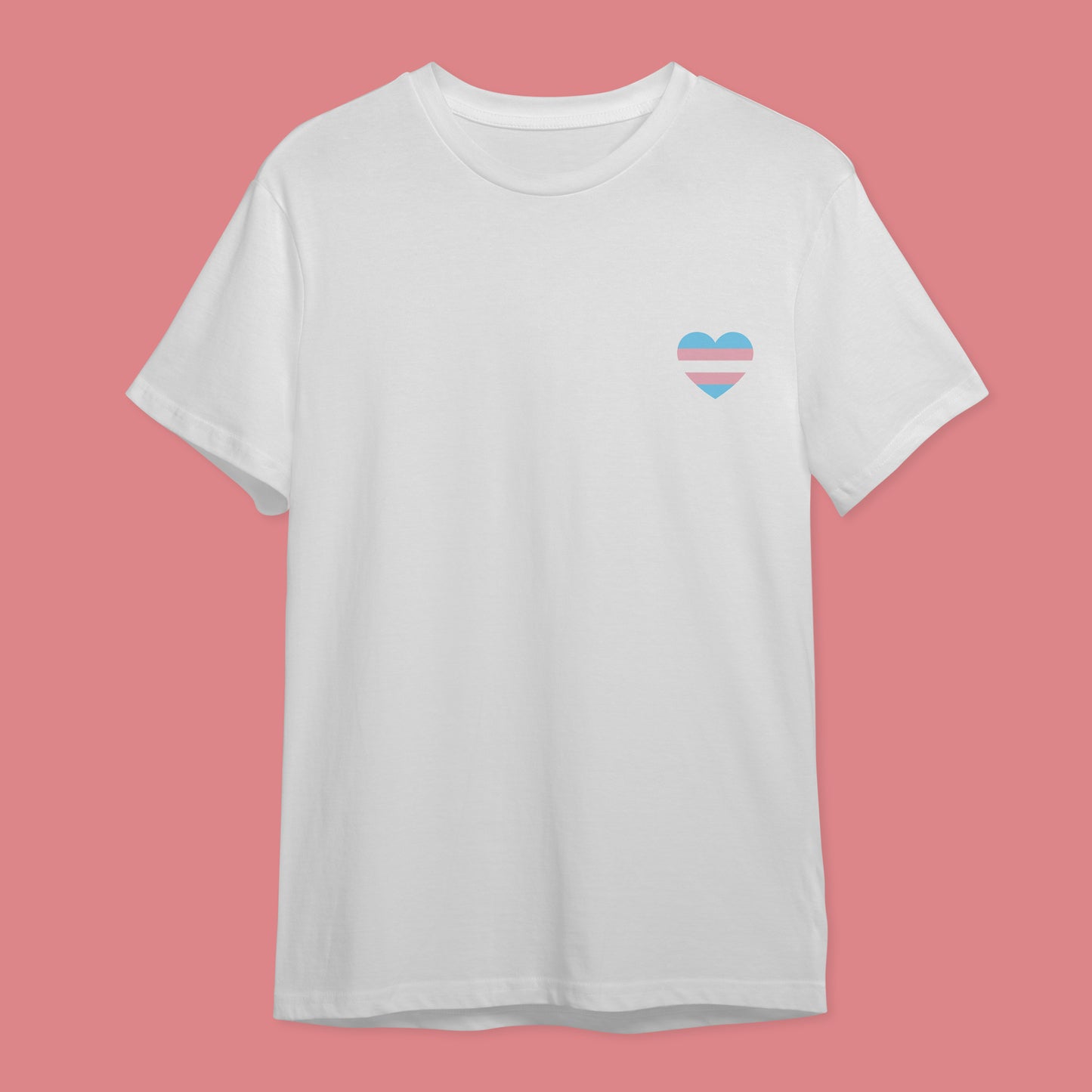 White t-shirt with the five colour transgender pride flag in a heart on the right hand side of the chest.