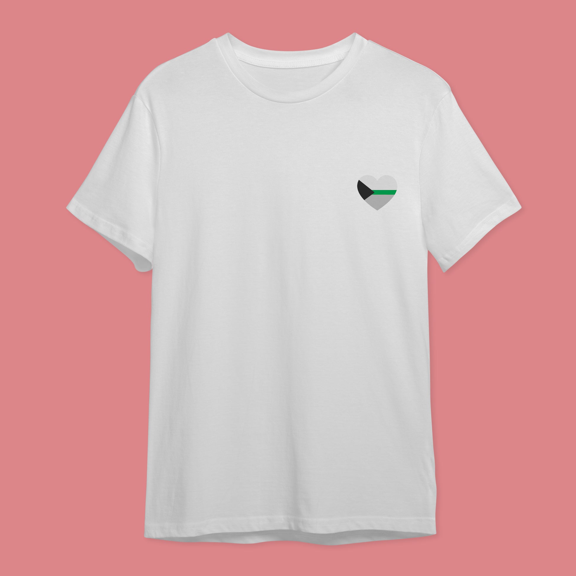 White t-shirt with the four colour demiromantic pride flag in a heart on the right hand side of the chest.